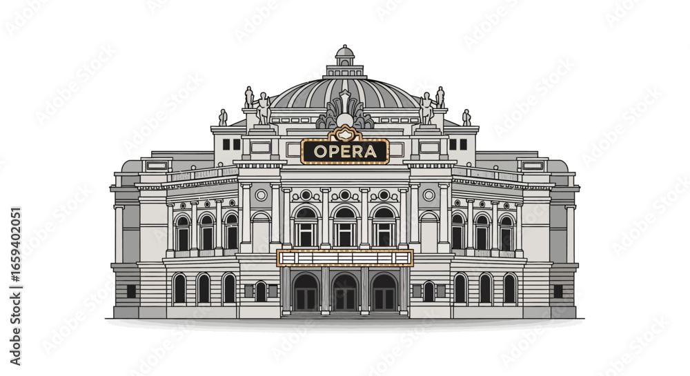 Obraz premium Stylized illustration of a grand classical opera house facade with ornate architectural elements and neutral color palette
