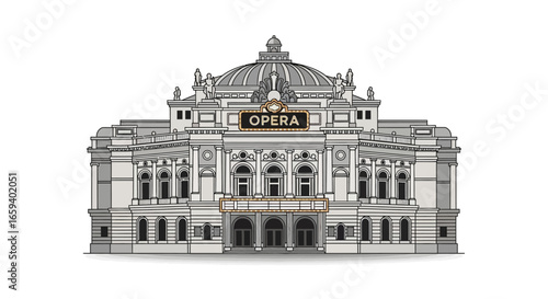 Stylized illustration of a grand classical opera house facade with ornate architectural elements and neutral color palette