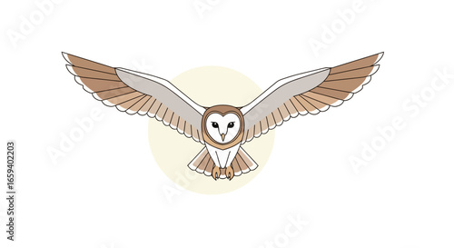 Stylized barn owl soars gracefully with outstretched wings against a soft background conveying nature's elegance