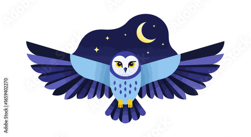 Stylized night owl illustration with celestial elements and geometric wing patterns in blues and purples for children book illustration