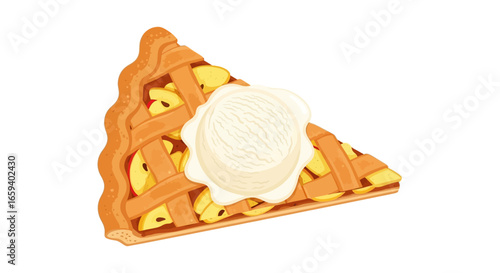 Delicious apple pie slice with a scoop of ice cream perfect for dessert or treat, delightful food vector illustration capturing a yummy sweet moment