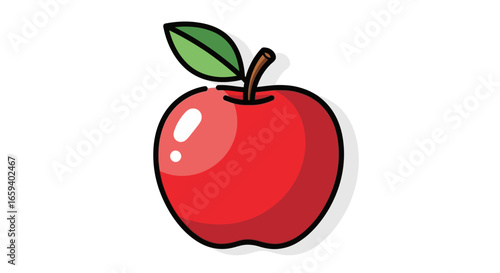 Stylized red apple illustration with green leaf and subtle shadow against a pristine white background offering a simple yet vibrant design element