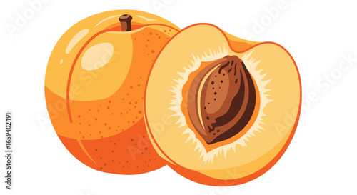 Vibrant peach duo illustration showcases a ripe whole fruit and a halved counterpart revealing the pit on white background