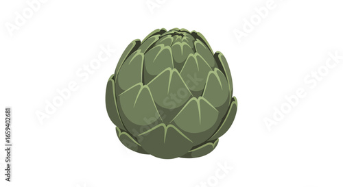 Detailed botanical illustration showcasing the intricate texture and form of a fresh, green artichoke, set against a stark white background creating