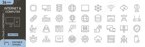 Internet and Computer icons set. Includes laptop, desktop, network, cloud, wifi, coding, data, email, browser, and storage. Editable stroke. Line icons. Perfect for infographics, apps and web hosting.
