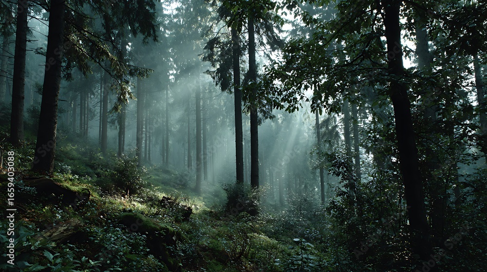 Fototapeta premium Sunbeams Illuminate Misty Forest Path A Serene Nature Escape