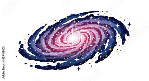 Stylized Illustration of a Majestic Spiral Galaxy with Vibrant Hues and Sparkling Stars Emitting a Sense of Cosmic Wonder