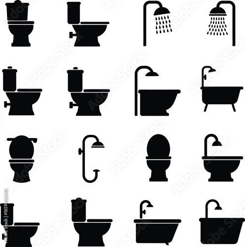 A large collection of vector silhouettes for various bathroom fixtures, including toilets, bathtubs, and showers, ideal for architectural and interior design projects.