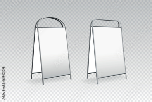 Advertising stand mockup. Advertising easel stand, sandwich sign board frame mockup. 3d menu double poster display for restaurant on sidewalk. Outdoor chalkboard for promo notice with food and coffee.