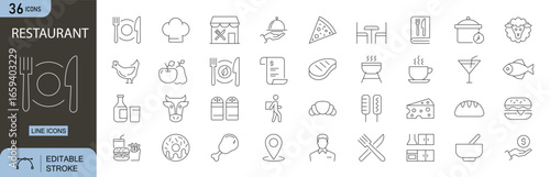 Restaurant icons set. Includes food, menu, chef, dining, plate, fork, spoon, knife, service, table, and drink elements. Editable stroke. Line icons. Perfect for infographics, menus, food and delivery.