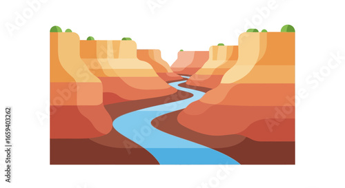 Stylized grand canyon vista with winding blue river and stratified rock formations providing a simplified landscape illustration 150 characters