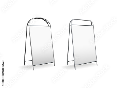 Advertising easel stand, sandwich sign board frame mockup. 3d menu double poster display for restaurant on sidewalk. Outdoor chalkboard for promo notice with food and coffee. Empty signage mock up 
