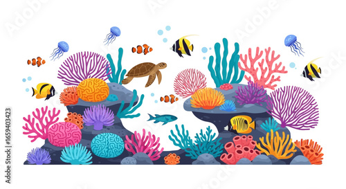Colorful Marine Life Habitat Illustration featuring fish, coral, jellyfish and a sea turtle in a vibrant underwater ecosystem
