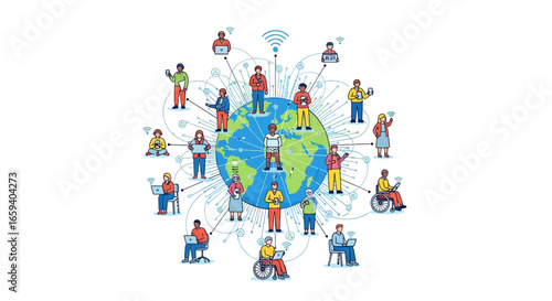 Diverse global community connected through digital technology and worldwide networking showing connectivity across continents