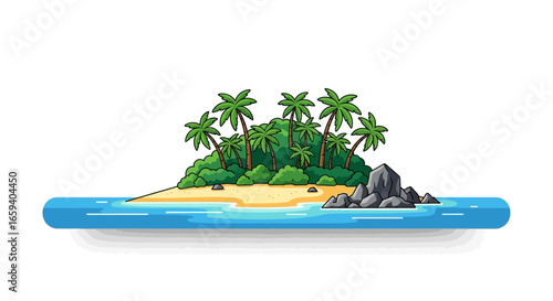 Illustrative tropical paradise island, showcasing palm trees, sandy beach, tranquil waters, and rugged rocks, ideal for summertime vibes and adventure