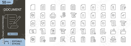 Documents icons set. Includes file, folder, paper, report, certificate, contract, archive, clipboard, and document management. Editable stroke. Line icons. Perfect for infographics and office apps .