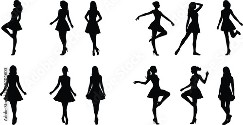 Women silhouette collection in dresses and high heels, various poses including dancing and standing, black vector icons for fashion illustration design.