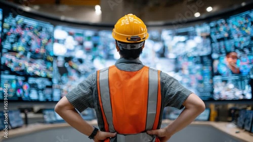 Guardian of Technology: An expert engineer, adorned in a vibrant safety vest and protective headgear, stands watch in a technologically advanced control center.