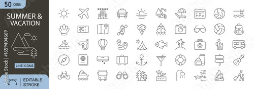 Summer and Vacation icons set. Includes beach, travel, sun, luggage, swimming, umbrella, palm tree, ice cream, holiday, and relaxation elements. Editable stroke. Line icons. Perfect for infographics.