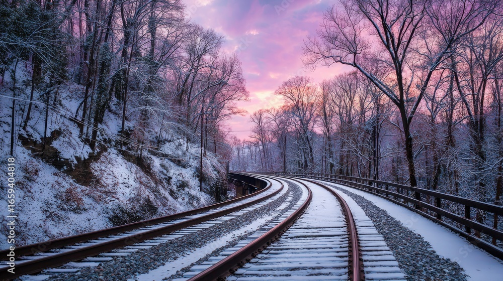 Fototapeta premium Snowy winter landscape, railroad tracks curving through a frosted forest at dawn