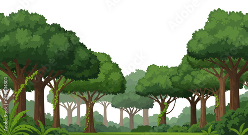 Lush green forest landscape illustration with vibrant trees and dense vegetation, creating a peaceful scenic view perfect for background or digital