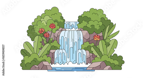 Serene waterfall illustration showcasing lush tropical foliage and a vibrant display of flora in a tranquil natural setting