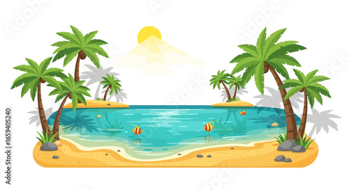 Tropical Paradise Escape: Serene Beach with Palm Trees and Crystal Clear Water Cartoon Illustration