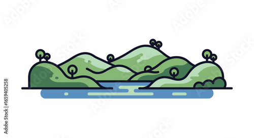 Serene vector landscape illustration of rolling green hills and blue water shoreline view