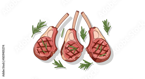 Illustration of grilled lamb chops with rosemary, showcasing culinary art and appetizing food presentation on a white background