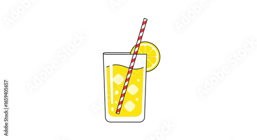 Refreshing Lemonade Illustration with Striped Straw and Lemon Slice, Summertime Beverage Concept, Digital Art, Minimalist Design