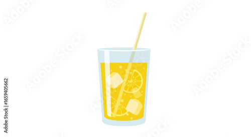 Refreshing summer beverage in a glass with ice and citrus slices evokes a sense of summertime bliss, perfect for digital designs and illustrative
