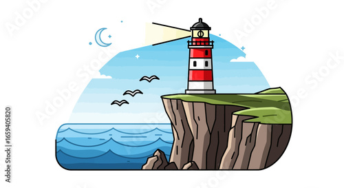 Whimsical Coastal Scene with Lighthouse, Birds, and Calming Ocean in Cartoon Style