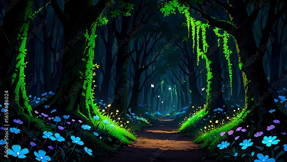 Obraz premium Magical Enchanted Forest Path with Glowing Flowers – Fantasy Nature Illustration