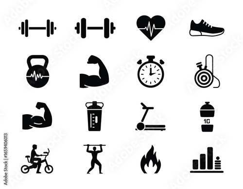 Fitness and Gym Icons Set in Black Silhouette Style representing Healthy Lifestyle and Exercise Motivation Training and Bodybuilding