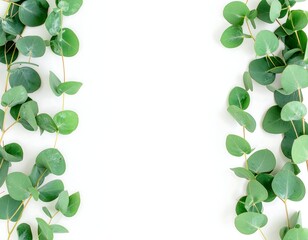 Eucalyptus sprigs arranged vertically on white background, creating a frame