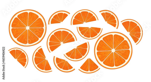 Vibrant citrus arrangement: a playful display of sliced and whole oranges creating a refreshing and zesty visual composition on white background