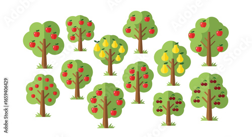 Stylized Orchard Scene with Apple, Pear, and Cherry Trees in a Flat Vector Illustration