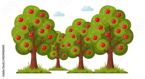 Stylized apple orchard scene with ripe red fruit and whimsical cloudscape in bright vibrant hues, evoking agricultural bounty