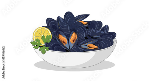 Illustration of a Bowl Full of Freshly Cooked Mussels Garnished with Lemon and Parsley in a Clean Modern Style