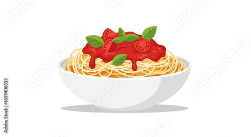 Illustration of spaghetti with tomato sauce and basil served in a white bowl artwork