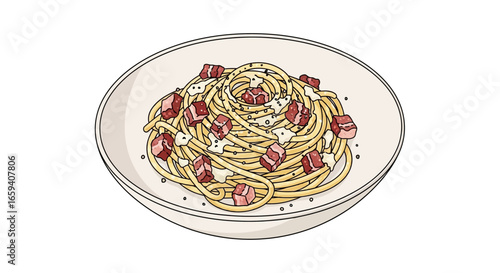 Illustration of delectable spaghetti carbonara dish on a plate perfect for culinary projects, editorial content or advertising materials with a