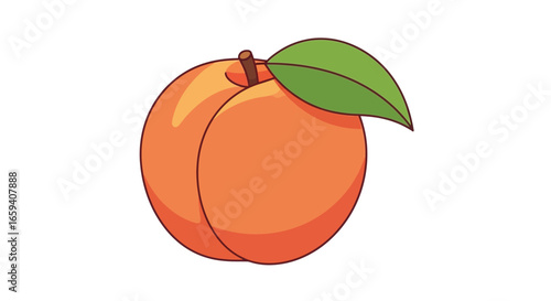 Vibrant peach fruit illustration with a single leaf against a clean white backdrop evoking freshness and natural sweetness