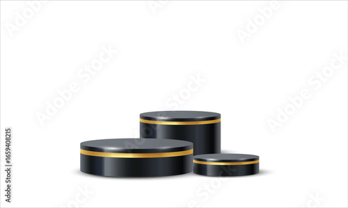 Three elegant dark cylindrical pedestals with gold trim arranged in a staggered formation isolated on white background