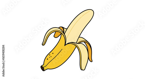 Vibrant banana depiction with partially peeled skin revealing light pulp, isolated with clean white backdrop and bold outlined borders accentuating