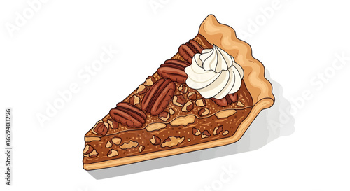 Illustration of a delectable pecan pie slice, ideal for culinary projects,recipe highlights, and dessert related designs, featuring whipped cream