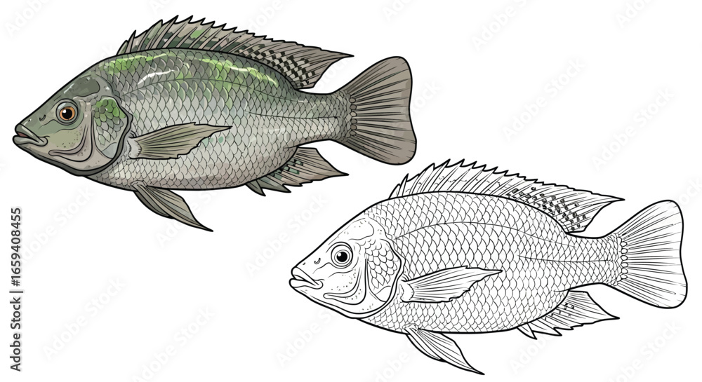 Obraz premium Nile Tilapia Dual View Coloring Page with Two Artistic Variants for Students and Artists