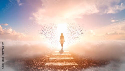 Figure walks a glowing path through clouds—toward radiant light; a transcendent journey of awakening, transformation, and ethereal passage.