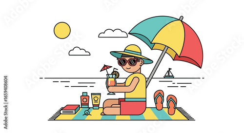 Relaxing Beach Day: Cartoon Illustration of a Person Enjoying a Tropical Vacation under an Umbrella at the Seaside