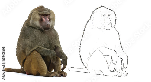 Olive Baboon Coloring Sheet with Fully Colored and Outline Drawing Detailed Primate Art