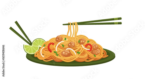 Delicious plate of asian noodles with toppings and chopsticks served with fresh lime for added citrus zest perfect for recipe book